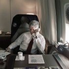El entonces presidente Bill Clinton habla por teléfono desde la oficina del Air Force One