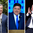 Montaje de los gobernadores Gavin Newsom, JB Pritzker y Tim Walz