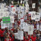 Teachers and supporters gather for the rally on the first day of strike by the Chicago Teachers Union on October 17, 2019 in Chicago