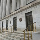 View of the U.S. Department of the Treasury in Washington shows the east side entrance to federal building.
