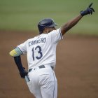 Junior Caminero celebra un triunfo de los Rays en la temporada 2025