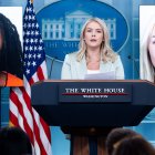 White House Press Secretary Karoline Leavitt speaks alongside a photo of Ukrainian refugee Iryna Zarutska, who was allegedly killed by Decarlos Brown Jr., on a light rail train in Charlotte, North Carolina, during a press briefing in the Brady Press Briefing Room of the White House in Washington, DC, September 9, 2025. (Photo by SAUL LOEB / AFP)
