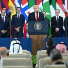 Donald Trump speaks during the Sharm El Sheikh Peace Summit
