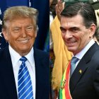 (COMBO) This combination of pictures created on November 08, 2025 shows Former US President and 2024 presidential hopeful Donald Trump smiles as he arrives to speak at a Commit to Caucus Rally in Las Vegas, Nevada, on January 27, 2024, and Bolivia's new President Rodrigo Paz smiles during his inauguration ceremony at Murillo Square in La Paz on November 8, 2025. Bolivia and the United States will reestablish diplomatic relations at the ambassadorial level, which had been severed since 2008, Bolivian President Rodrigo Paz and U.S. Deputy Secretary of State Christopher Landau announced on November 8, 2025. (Photo by Patrick T. Fallon and Aizar RALDES / AFP)