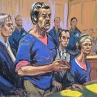 Este boceto de la sala del tribunal muestra al depuesto presidente de Venezuela, Nicolás Maduro (2.º por la izq.), y a su esposa, Cilia Flores, asistiendo a su comparecencia ante el Tribunal Federal Daniel Patrick Moynihan el 5 de enero de 2026 en Nueva York, con los abogados defensores Barry Pollack (izq.) y Mark Donnelly (2.º por la der.).