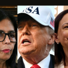 Collage de fotos con Delcy Rodríguez, Donald Trump y María Corina Machado