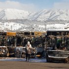 Buses that were burnt at a depot during recent public protests, in Tehran on January 21, 2026
