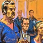 Este boceto de la sala del tribunal muestra al depuesto dictador de Venezuela, Nicolás Maduro