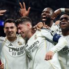 Real Madrid's Uruguayan midfielder #08 Federico Valverde (2L) celebrates his third goal during the UEFA Champions League last 16 first leg football match between Real Madrid CF and Manchester City at Santiago Bernabeu Stadium in Madrid on March 11, 2026. (Photo by Pierre-Philippe MARCOU / AFP)