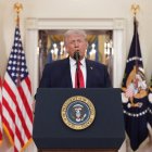 US President Donald Trump speaks during a televised address on the conflict in the Middle East from the Cross Hall of the White House in Washington, DC on April 1, 2026. President Donald Trump made his case for attacking Iran in his first nationwide address more than a month into the war, insisting the United States was close to victory as his approval rating sinks. In an evening speech from the White House, Trump broke little new ground on how the war would end and vowed two to three weeks further of "extremely hard" strikes against Iran. (Photo by Alex Brandon / POOL / AFP)