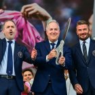 (L-R) Inter Miami co-owner, Jose Mas, managing owner Jorge Mas, and co-owner David Beckham, participate in the ribbon-cutting during the inauguration of the teams new headquarters, the Nu Stadium, in Miami, on April 4, 2026. (Photo by Giorgio VIERA / AFP)
