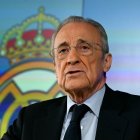 Florentino Pérez, durante la comparecencia de prensa en la que anunció el adelanto electoral a la presidencia del Real Madrid. Mayo de 2026