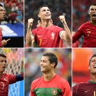 (COMBO) This combination of pictures created on June 23, 2026, shows (L to R) Portugal's forward #07 Cristiano Ronaldo celebrating after scoring during the 2026 World Cup Group K football match between Portugal and Uzbekistan at the Houston Stadium in Houston on June 23, 2026; Ronaldo celebrating scoring his team's first goal during the Qatar 2022 World Cup Group H football match between Portugal and Uruguay at the Lusail Stadium in Lusail, north of Doha on November 28, 2022; Ronaldo celebrating a goal during the Russia 2018 World Cup Group B football match between Portugal and Spain at the Fisht Stadium in Sochi on June 15, 2018; Ronaldo reacting during the World Cup Group G football match between Portugal and Ghana at the Mane Garrincha National Stadium in Brasilia on June 26, 2014;  Ronaldo celebrating after scoring the sixth goal during the 2010 World Cup Group G first round football match between North Korea and Portugal at Green Point stadium in Cape Town on June 21, 2010; and Ronaldo celebrating after scoring a goal during the World Cup 2006 group D football game Portugual vs Iran at Frankfurt stadium on June 17, 2006. Under-fire Portugal superstar Cristiano Ronaldo silenced his critics as he became the first man to score in six different World Cups on June 23, 2026.