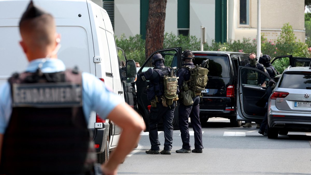 Police at the scene of an explosive attack on a synagogue in France.