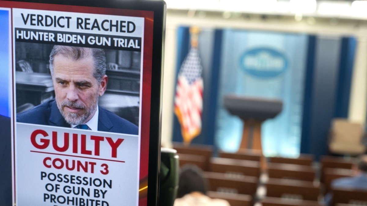 White House file photo and a poster about Hunter Biden's guilty verdict