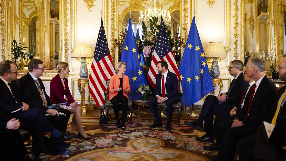JD Vance talks with Ursula von der Leyen after the Paris AI Summit.