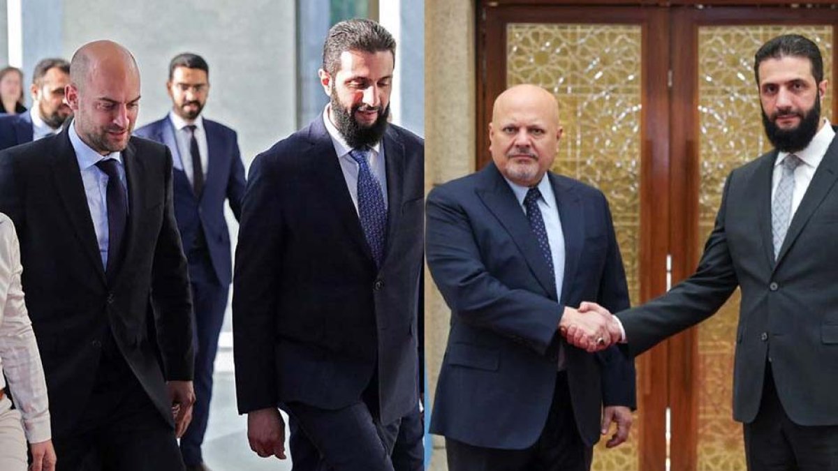 El líder sirio Abu Muhamad Al-Golani con el fiscal jefe de la CPI Karim Khan (derecha) y con el ministro de Relaciones Exteriores francés Jean-Noël Barrot