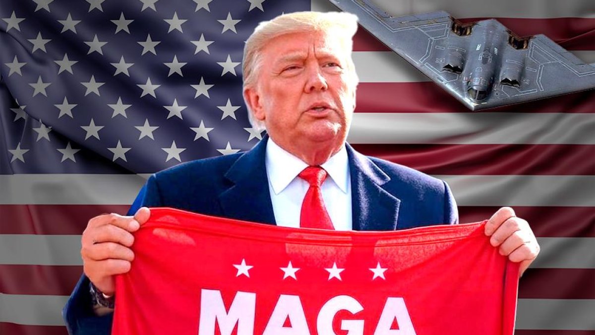Montage of Trump with a MAGA logo under the national flag.