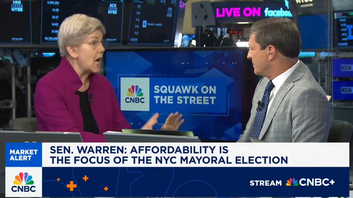 Democratic Sen. Elizabeth Warren next to news anchor David Faber (Screenshot)