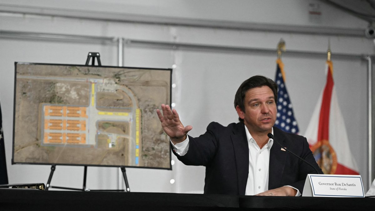 DeSantis at Alligator Alcatraz/ Andrew Caballero- Reynolds.