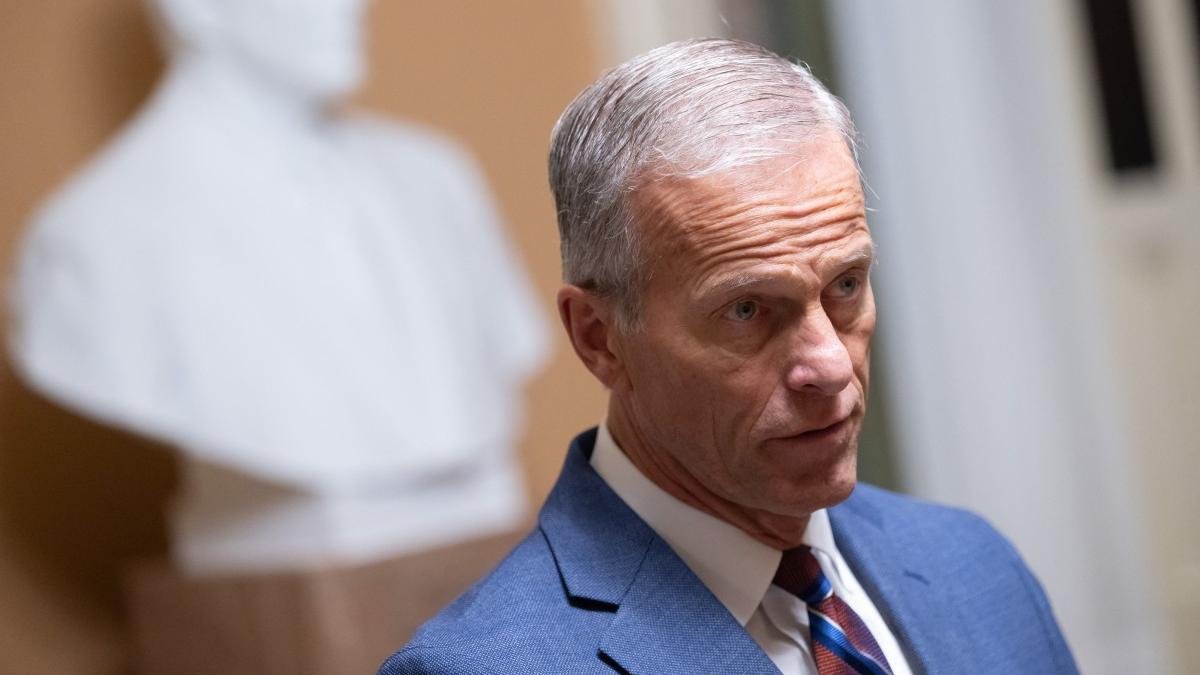 Majority Leader John Thune speaking to reporters Monday