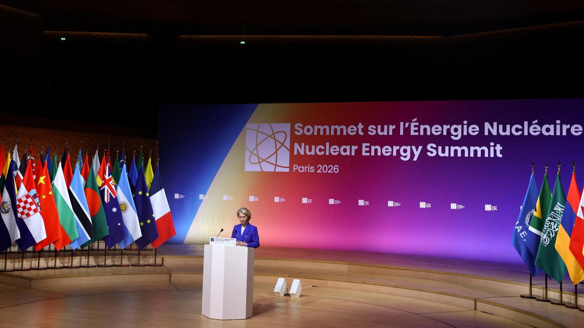 Ursula von der Leyen delivers a speech during the Nuclear Energy Summit.