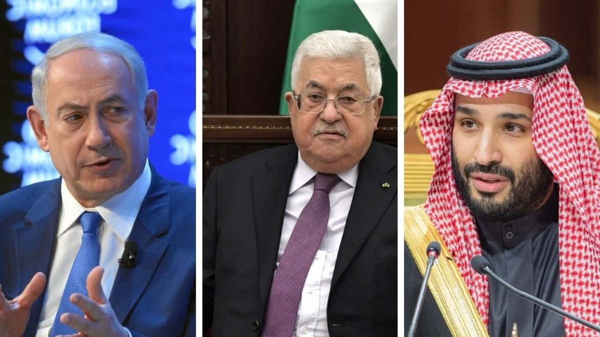 Israel's Prime Minister Benjamin Netanyahu, Palestinian Authority President Mahmoud Abbas, and Saudi Arabia's Prince Mohammed bin Salman (World Economic Forum / Flickr-Voz Media-Wikimedia Commons)