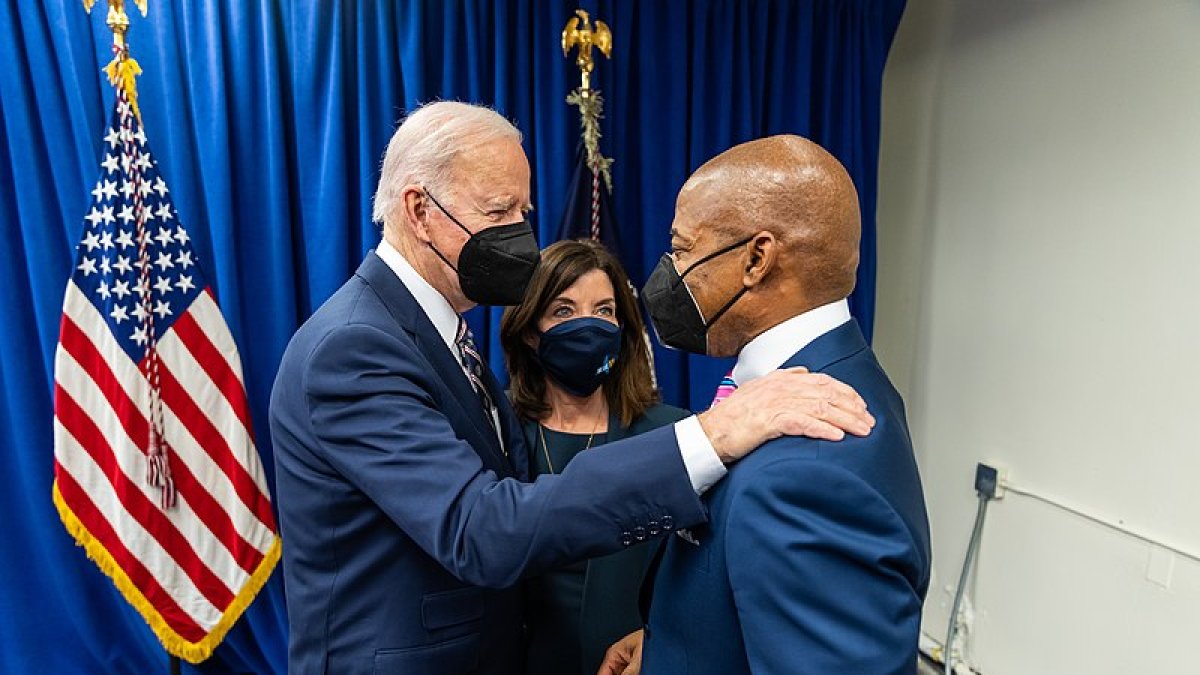 President Joe Biden greets New York City Mayor Eric Adams and Gov. Kathy Hochul, Thursday, February 3, 2022, as he arrives at NYPD Headquarters in New York to attend a meeting on combatting gun violence. (Official White House Photo by Adam Schultz)