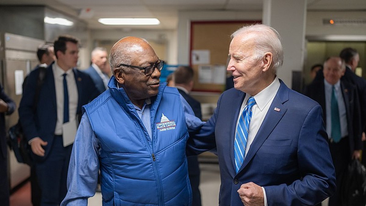 President Joe Biden greets Rep. Jim Clyburn (D-SC) at the Democratic House Caucus Retreat, Wednesday, March 1, 2023, at the Hyatt Regency Baltimore Inner Harbor in Baltimore. (Official White House Photo by Adam Schultz)