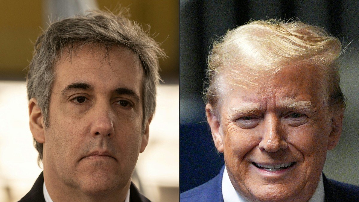 (COMBO) This combination of pictures created on May 13, 2024 shows former Trump Attorney Michael Cohen on March 15, 2023 in New York and former US President Donald Trump in New York City, on May 10, 2024. - Donald Trump's criminal trial in New York was expected to hear his former lawyer turned tormentor Michael Cohen testify on May 13, 2024 about his role in what prosecutors say was a cover up of payments to hide an affair. (Photo by Yuki IWAMURA and Curtis Means / various sources / AFP)