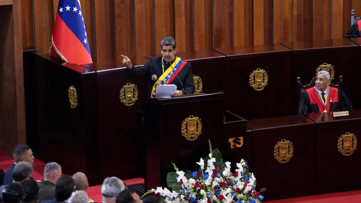 Venezuelan President Nicolas Maduro delivers a speech before the judges of the Supreme Court of Justice during the opening ceremony of the judicial year in Caracas on January 31, 2024. (Photo by Pedro Rances Mattey / AFP)