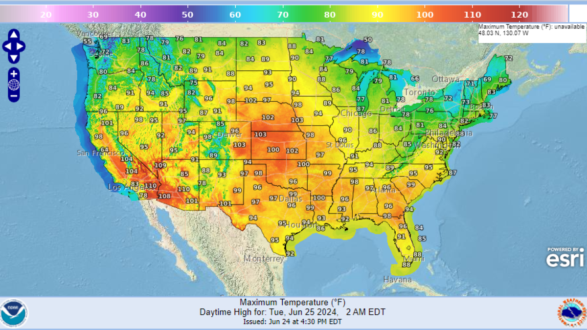 Mapa meteorológico de Estados Unidos proporcionado por el Servicio Meteorológico Nacional el lunes, 24 de junio de 2024.