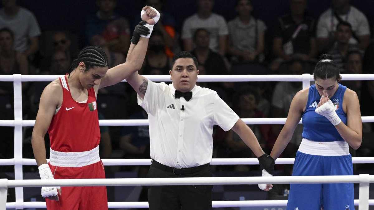 At left, boxer Imane Khelif; at right, Italian boxer Angela Carini.