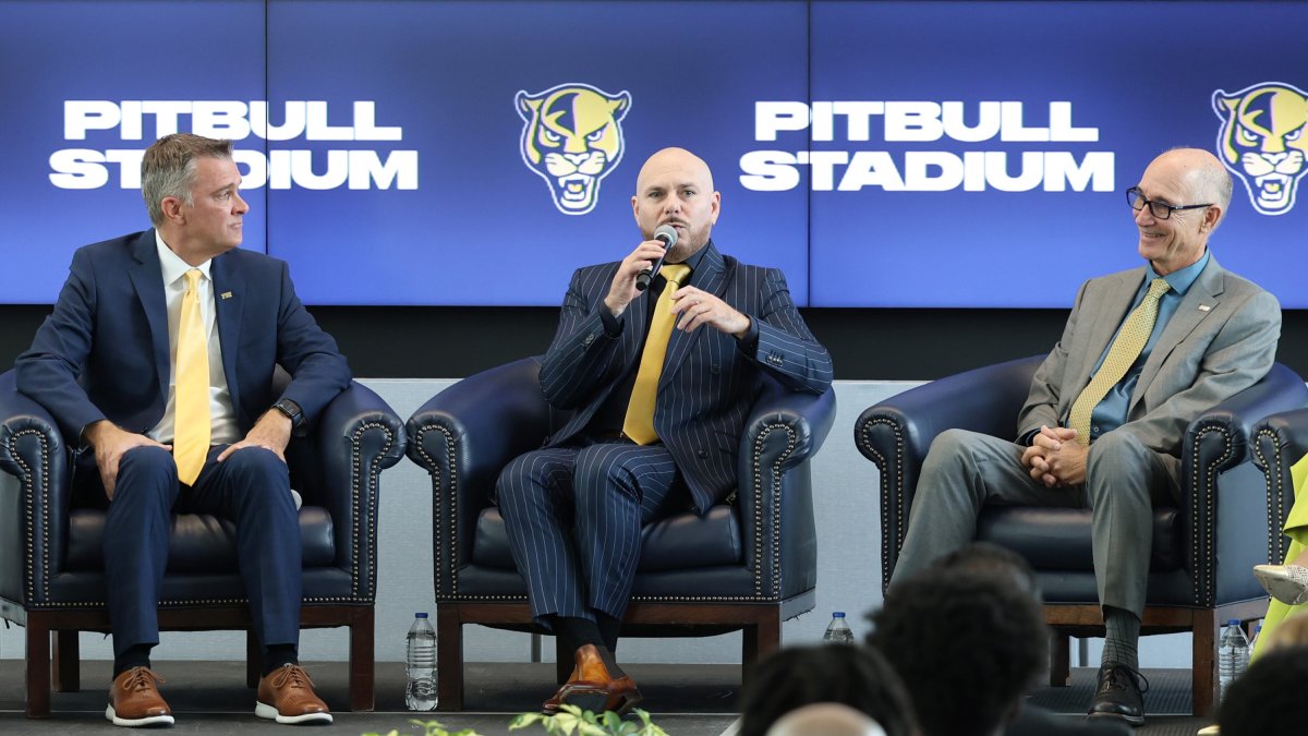Scott Carr and Pitbull during the presentation of Pitbull Stadium on Aug. 6, 2024 in Miami.