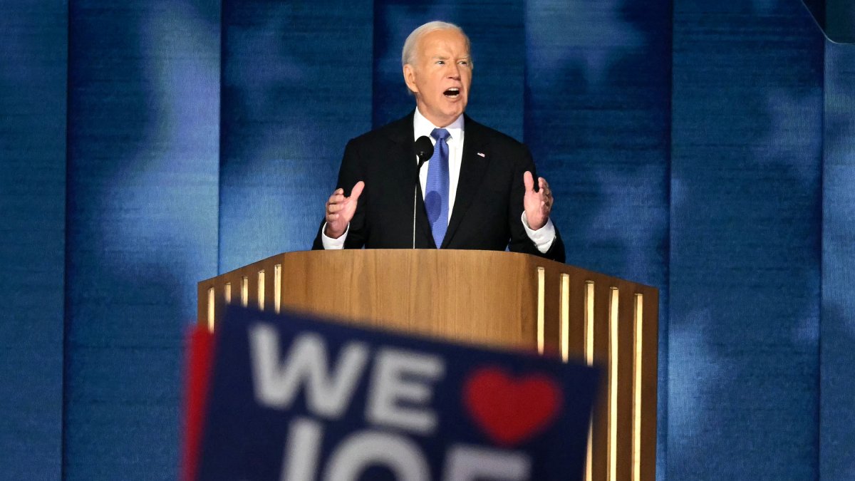 Biden speaks on the first day of the DNC at the United Center in Chicago, Ill