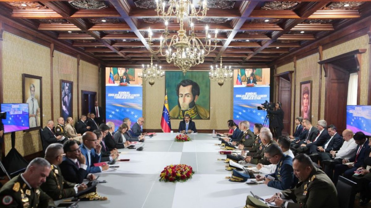 Nicolás Maduro, during a cabinet meeting with the National Defense Council and the Council of State at the Foreign Ministry building in Caracas.