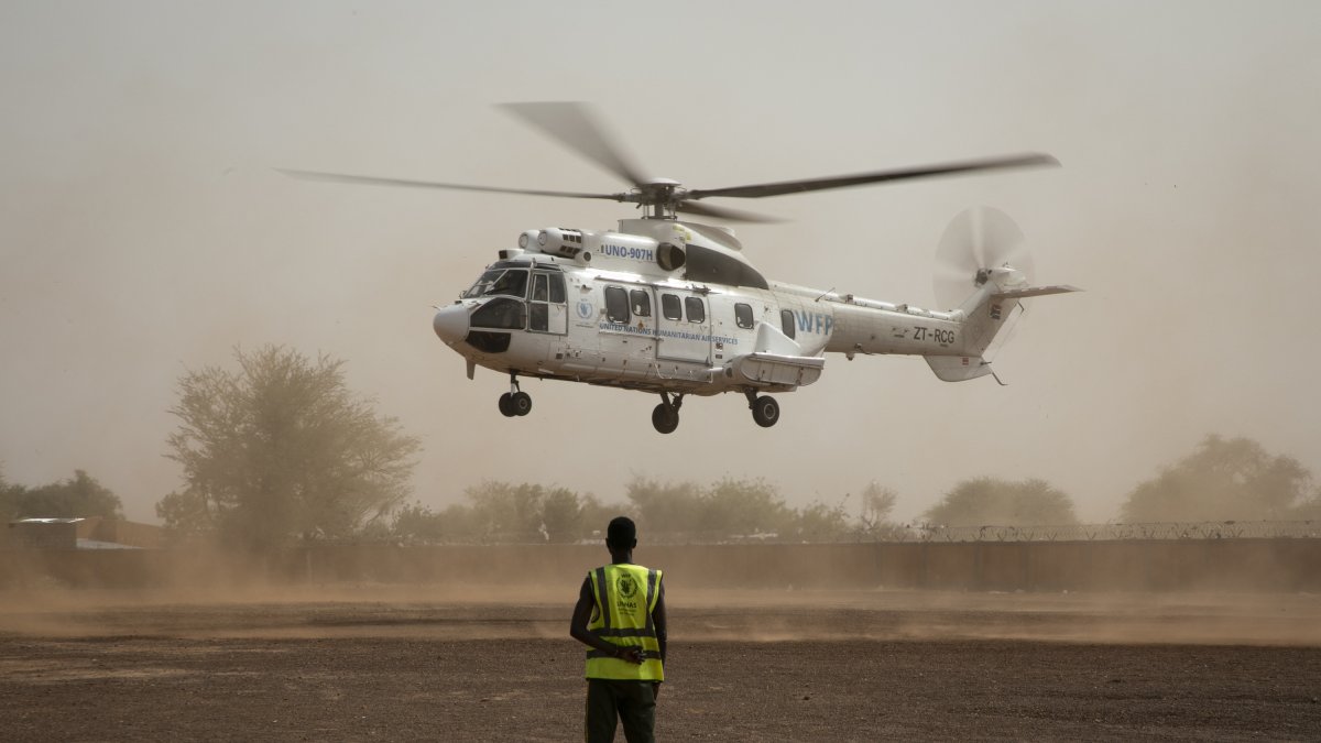 A U.N. helicopter takes off in Burkina Faso.