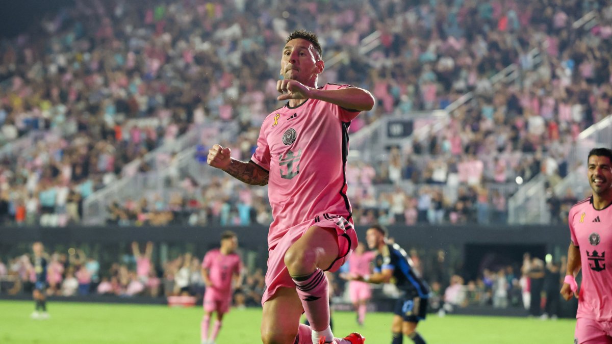 Messi celebrates one of his two goals against the Philadelphia Union