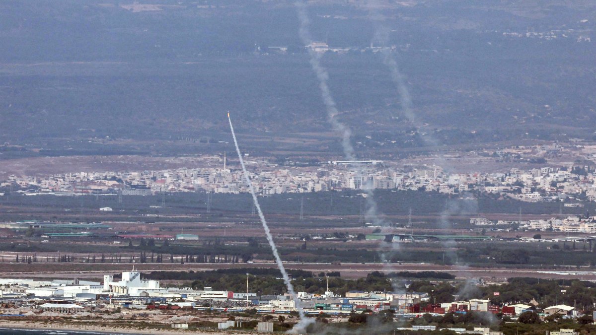 Iron Dome air defense system missiles are launched in the vicinity of Haifa, Israel.