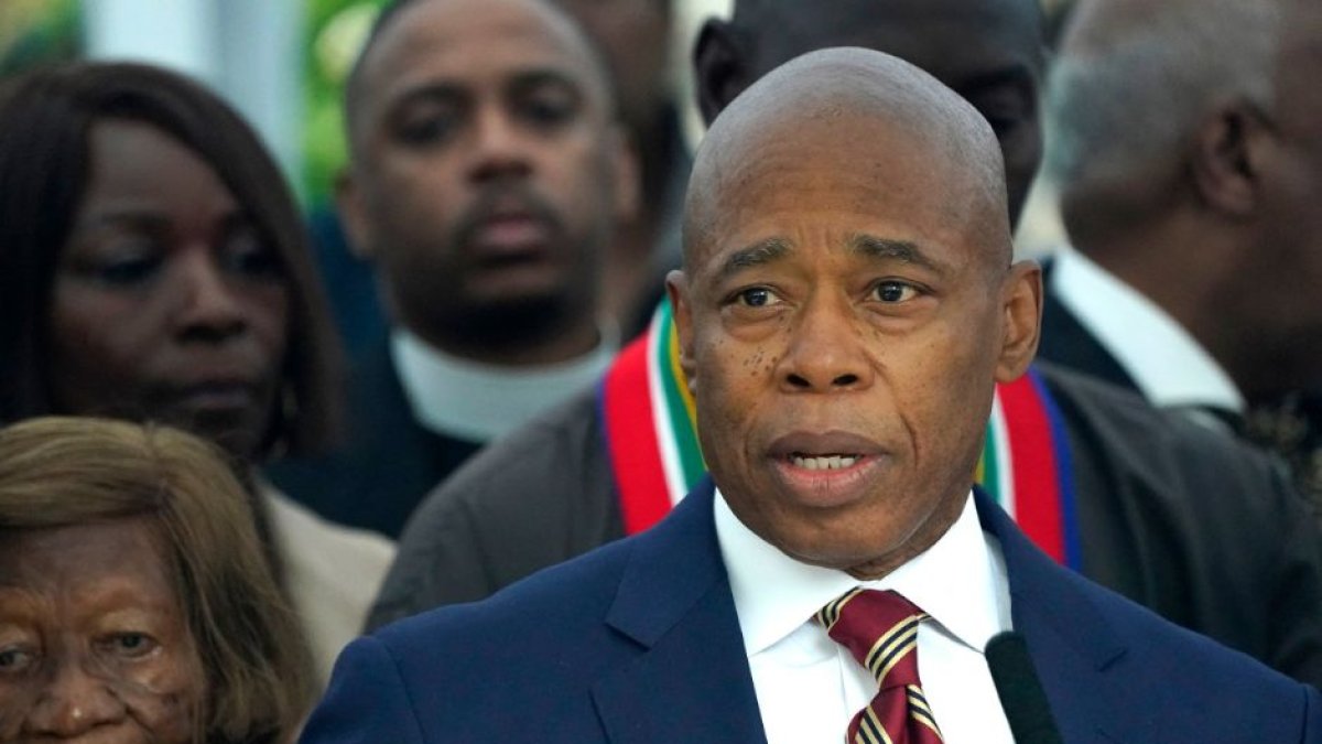 New York City Mayor Eric Adams speaking to the press.