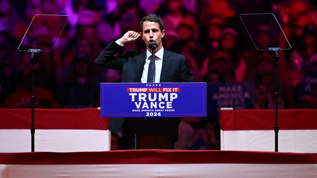 Comedian Tony Hinchcliffe at Trump rally at Madison Square Garden.