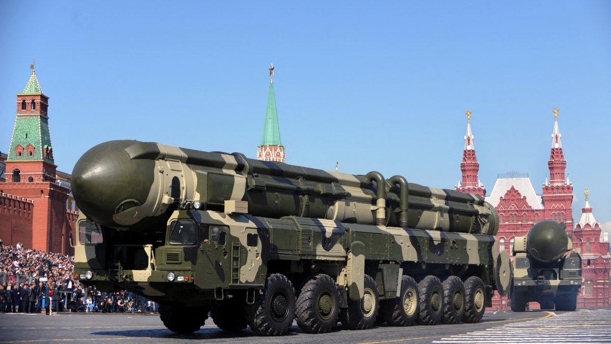A Russian Topol-M intercontinental ballistic missile crosses Red Square.