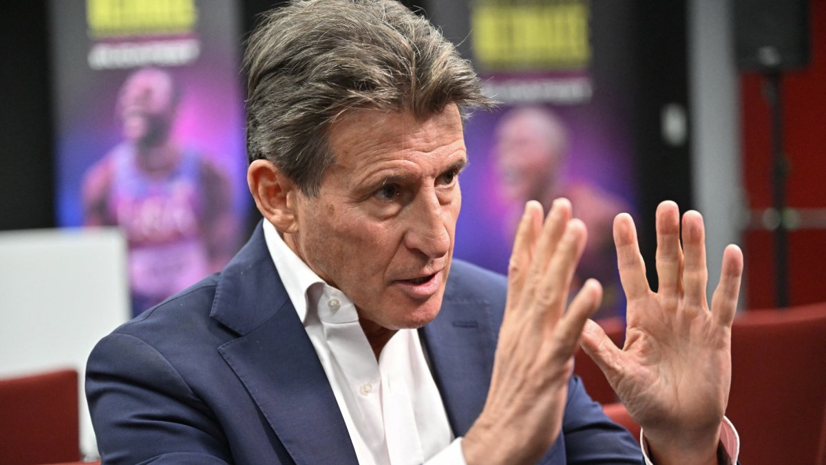 Sebastian Coe gestures during an interview.