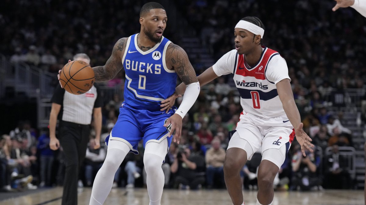 Damian Lillard (Bucks) dribbles past Bilal Coulibaly (Wizards).