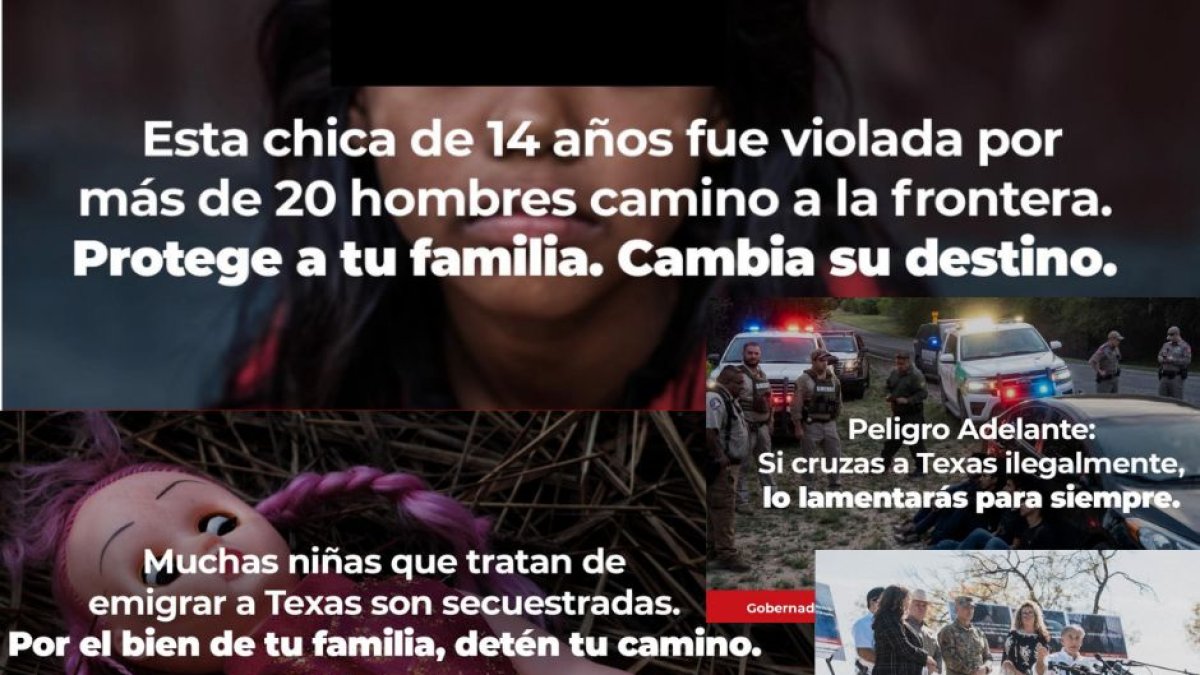 Varios de los carteles de Texas junto a un momento de la rueda de prensa de Abbott