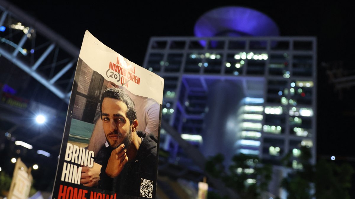 Israeli protesters call for release of hostages in Tel Aviv.