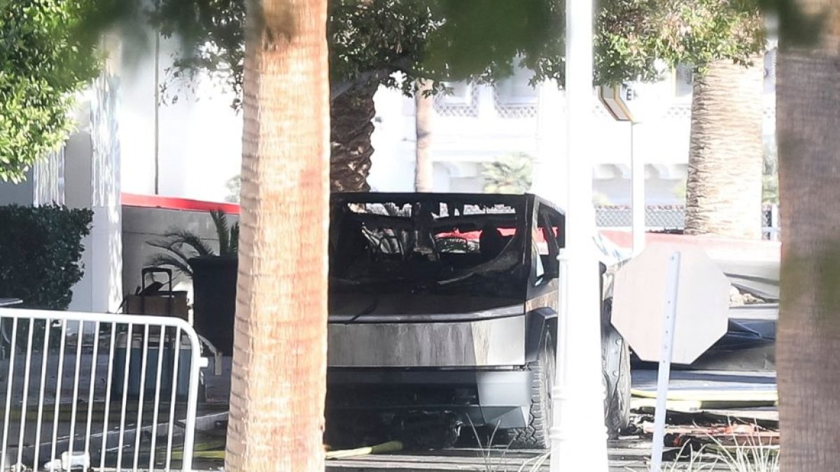 A Tesla Cybertruck caught fire and exploded in front of President Donald Trump's hotel lobby, Jan. 1, 2025, in Las Vegas.