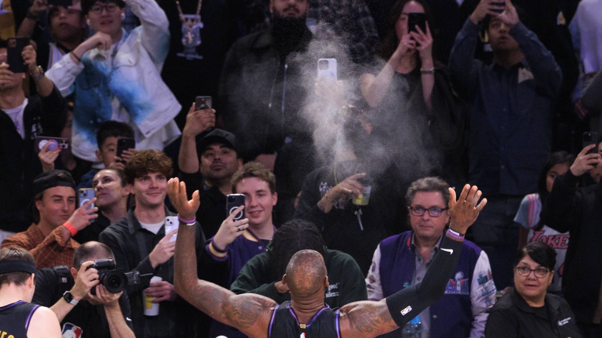 LeBron James addresses the fans.