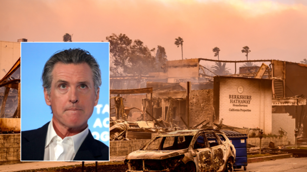 Edited image of Governor Newsom and a photo of the wildfires