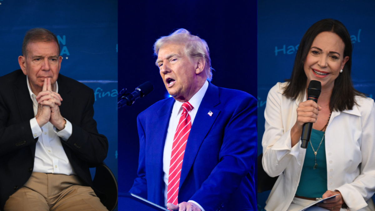 Fotos de archivo de Edmundo González (i), Donald Trump (c) y María Corina Machado (d)